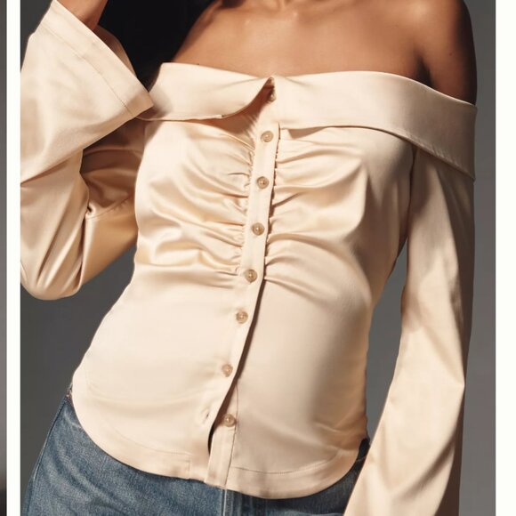 By Anthropologie Off-The-Shoulder Collared Silky Shirt - NWT Size L - Picture 3 of 8
